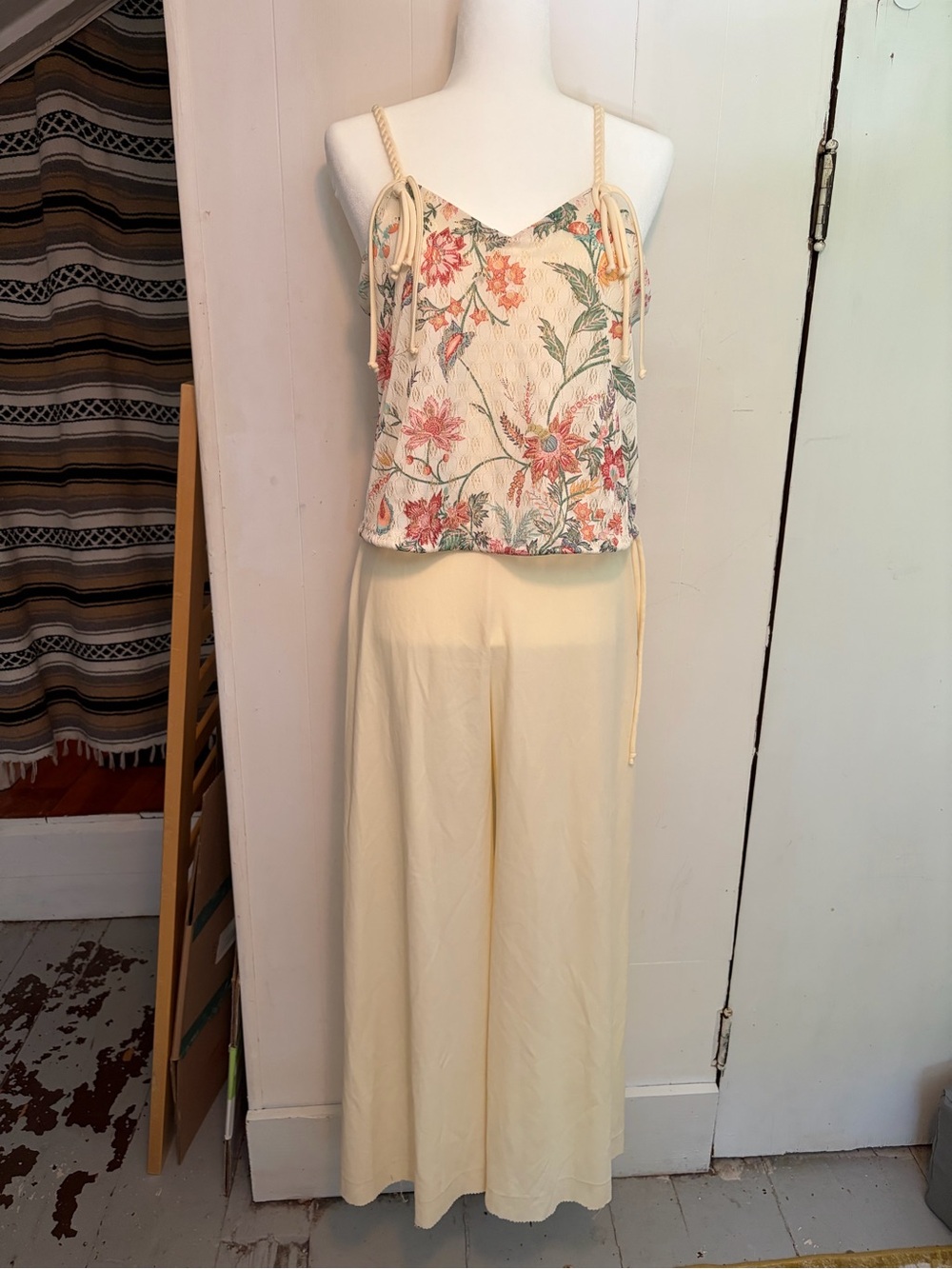 Vintage wide leg jumpsuit with cream pants embroidered floral top braided straps
